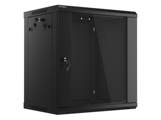 19-дюймова настінна стійка 12U/600×450 (у розібраному вигляді) зі скляними дверцятами, чорна, LANBERG V2