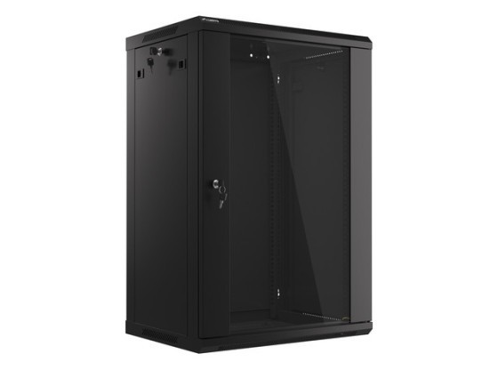 19-дюймова настінна стійка 18U/600×450 (у розібраному вигляді) зі скляними дверцятами, чорна, LANBERG V2