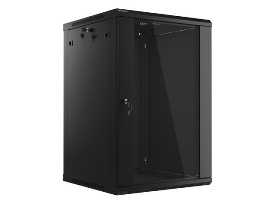 19-дюймова настінна стійка 18U/600×600 (у розібраному вигляді) зі скляними дверцятами, чорна, LANBERG V2
