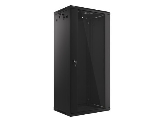 19-дюймова настінна стійка 27U/600×450 (у розібраному вигляді) зі скляними дверцятами, чорна, LANBERG V2