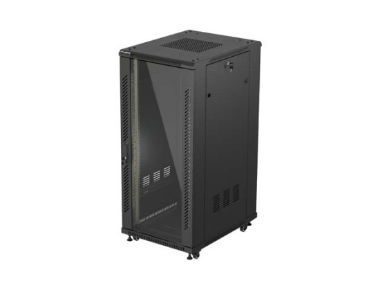 19-дюймова автономна стійка 27U/600×800 (у розібраному вигляді) зі скляними дверцятами, чорна, LANBERG