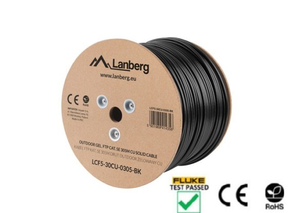 LAN-кабель Cat.5E FTP, 305 м, одножильний, для зовнішнього використання, з гелевим наповнювачем, мідний, чорний, пройшов випробування Fluke та LANBERG