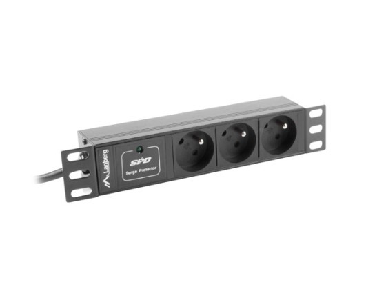 Блок розподілу живлення (PDU) 10" LANBERG 1U 10A 2 м, 3 розетки типу «французька», чорний, C14