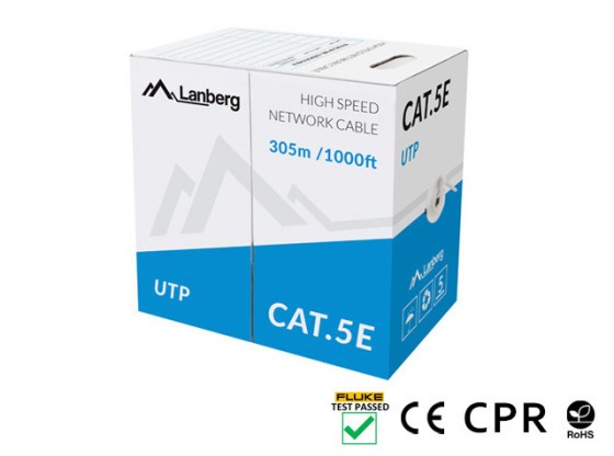 Мережевий кабель Cat.5E UTP, 305 м, суцільна мідь, сірий, CPR + пройшов випробування Fluke, LANBERG