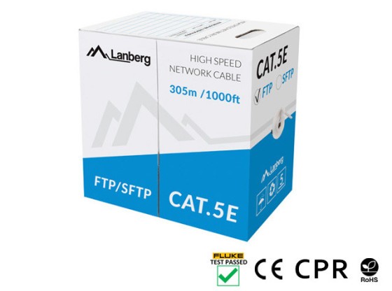 Мережевий кабель Cat.5E FTP, 305 м, суцільна мідь, сірий, CPR + пройшов випробування Fluke, LANBERG
