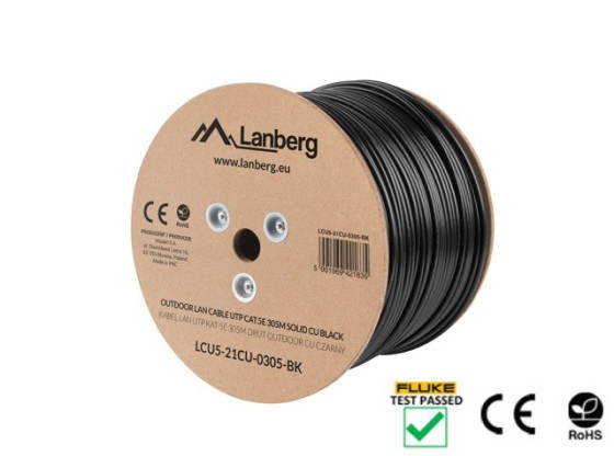 LAN-кабель Cat.5E UTP, 305 м, суцільний, для зовнішнього застосування, мідний, чорний, пройшов випробування Fluke та LANBERG