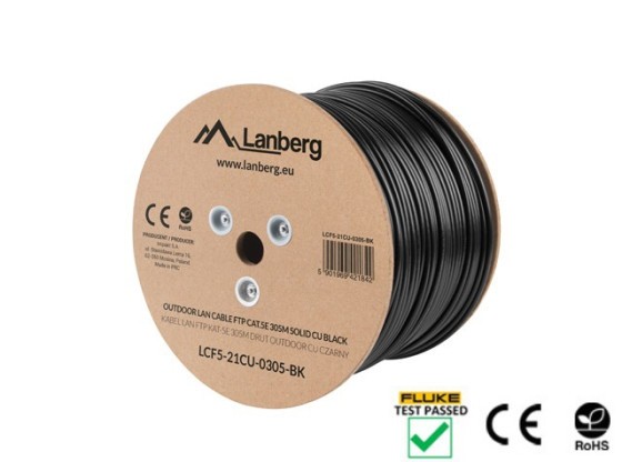 Кабель LAN Cat.5E FTP, 305 м, суцільний, для зовнішнього використання, мідний, чорний, пройшов випробування Fluke та LANBERG