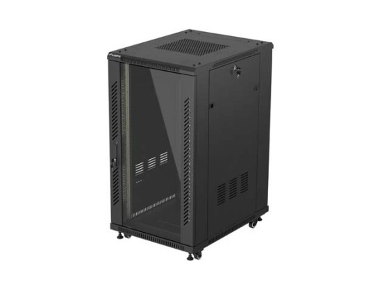 19-дюймова автономна стійка 22U/600×800 (у розібраному вигляді) зі скляними дверцятами, чорна, LANBERG