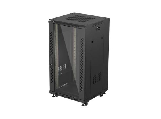 19-дюймова автономна стійка 22U/600×600 (у розібраному вигляді) зі скляними дверцятами, чорна, LANBERG