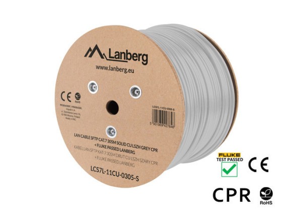 LAN-кабель Cat.7 SFTP, 305 м, суцільна мідь, LSZH, сірий, CPR + пройшов тестування Fluke, LANBERG