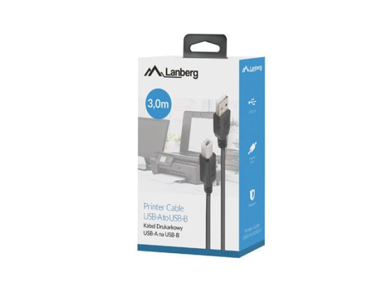 Кабель USB-A (M) —> USB-B (M) 2.0, 3 м, чорний, з феритовим фільтром, LANBERG