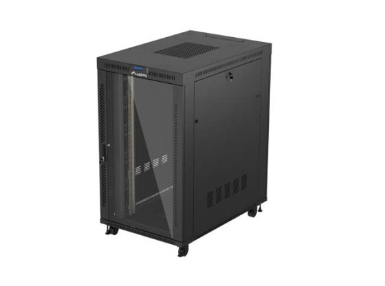 19-дюймова автономна стійка 27U/800×1200 (у розібраному вигляді) зі скляними дверцятами для РК-дисплеїв, чорна, LANBERG