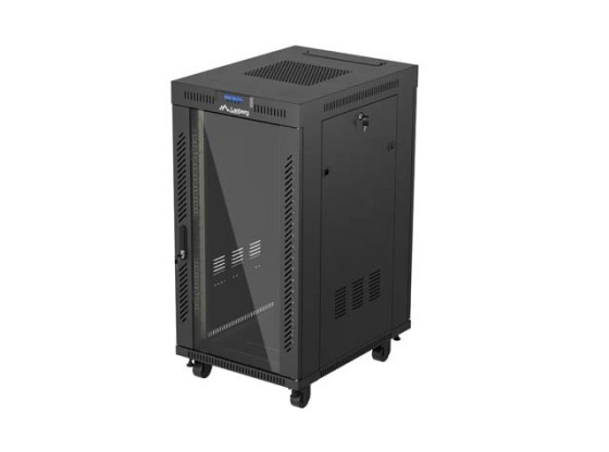 19-дюймова автономна стійка 22U/600×800 (у розібраному вигляді) зі скляними дверцятами та РК-дисплеєм, чорна, LANBERG V2