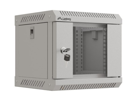 Стелажна шафа 10" для настінного монтажу, 4U/300×300 (у розібраному вигляді) зі скляними дверцятами, сіра, LANBERG