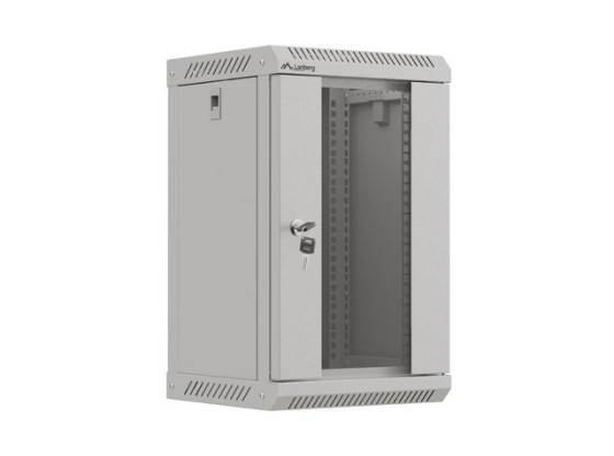 Стелаж 10" для настінного монтажу, 9U/300×300 (у розібраному вигляді) зі скляними дверцятами, сірий, LANBERG