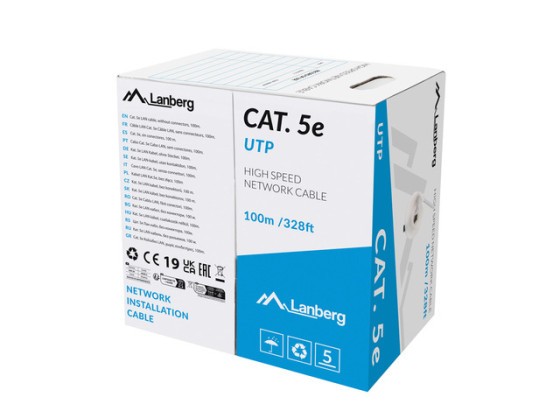 Мережевий кабель Cat.5E UTP, 100 м, суцільна мідь, сірий, CPR + пройшов тестування Fluke, LANBERG