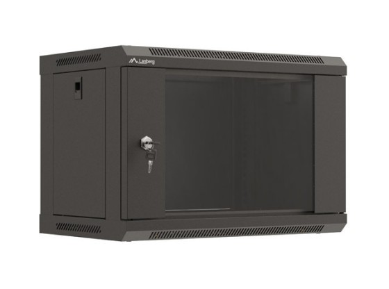 19-дюймова настінна стійка 6U/540×350 (у розібраному вигляді) зі скляними дверцятами, чорна, LANBERG