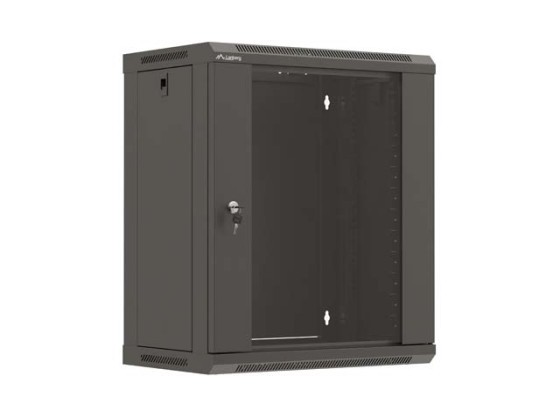 19-дюймова настінна стійка 12U/540×350 (у розібраному вигляді) зі скляними дверцятами, чорна, LANBERG