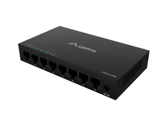 КОМУТАТОР LANBERG DSM1-1008, 8 портів, 1 ГБ/с, некерований гігабітний Ethernet, настільний, 12 В, металевий корпус