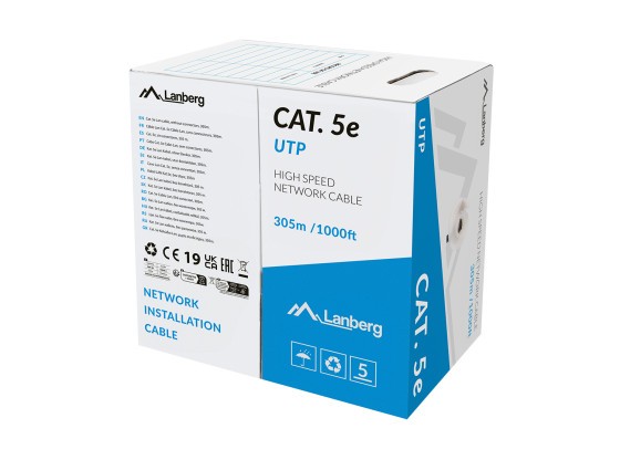 Мережевий кабель Cat.5E UTP, 305 м, суцільна мідь, LSZH, сірий, CPR + пройшов тестування Fluke, LANBERG