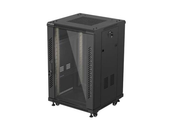 19-дюймова автономна стійка 18U/600×600 (у розібраному вигляді) зі скляними дверцятами, чорна, LANBERG