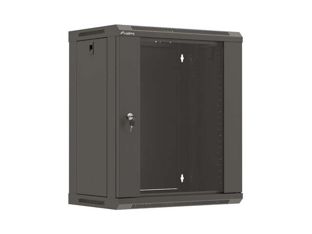 19-дюймова настінна стійка 12U/540×350 (у розібраному вигляді) зі скляними дверцятами, чорна, LANBERG